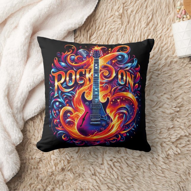 Guitar engulfed in vibrant night flames throw pillow (Blanket)