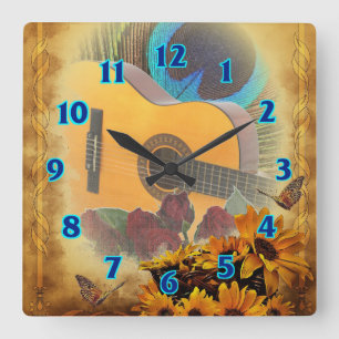 Guitar Floral Square Wall Clock