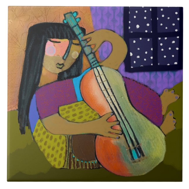 Guitar Girl Ceramic Tile (6" square) (Front)
