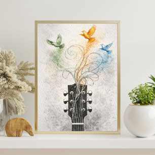 guitar headstock art   flying birds illustration poster