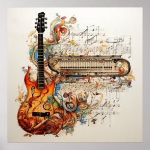 Guitar Keyboard Music Colourful Abstract  Poster