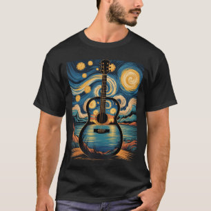 Guitar Lake Starry Night Music Guitarist Van Gogh  T-Shirt