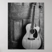Guitar Leaning Against Door in Black and White