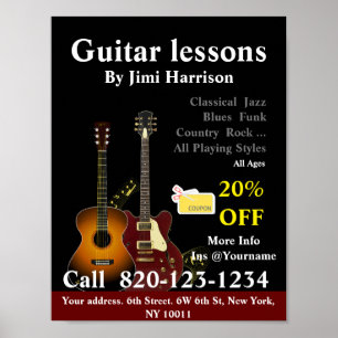 Guitar Lessons   Music School Poster Sign Black