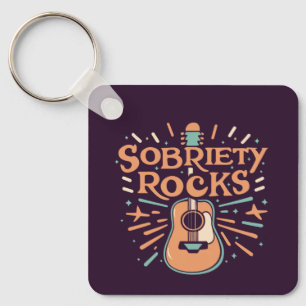 Guitar Lover Sobriety Rocks Custom Sober Date Keychain