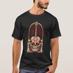 Guitar Mexican Sugar Skull With Candles Roses Dia T-Shirt