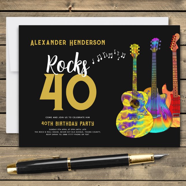 Guitar Music 40th birthday party Invitation Postcard (Guitar 40th birthday party black and gold budget invitation postcard musician guitarist )