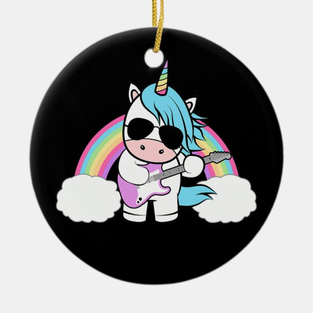 Guitar Music Lover Guitarist Unicorn Rainbow  Ceramic Ornament (Front)