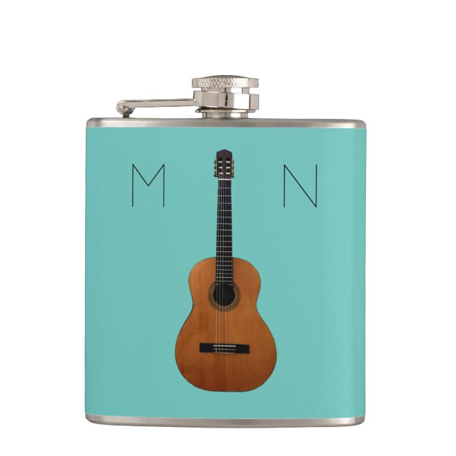 Guitar Music Monogram Trendy Teal Personalized Hip Flask (Front)
