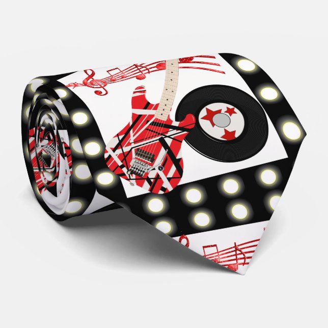 Guitar Music Notes and Record Print Tie (Rolled)