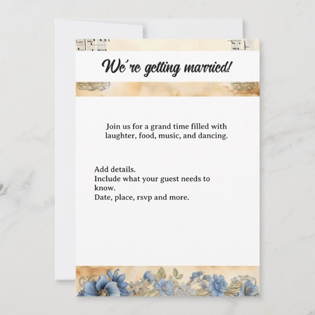 Guitar Music Notes Flowers wedding Invitation (Back)