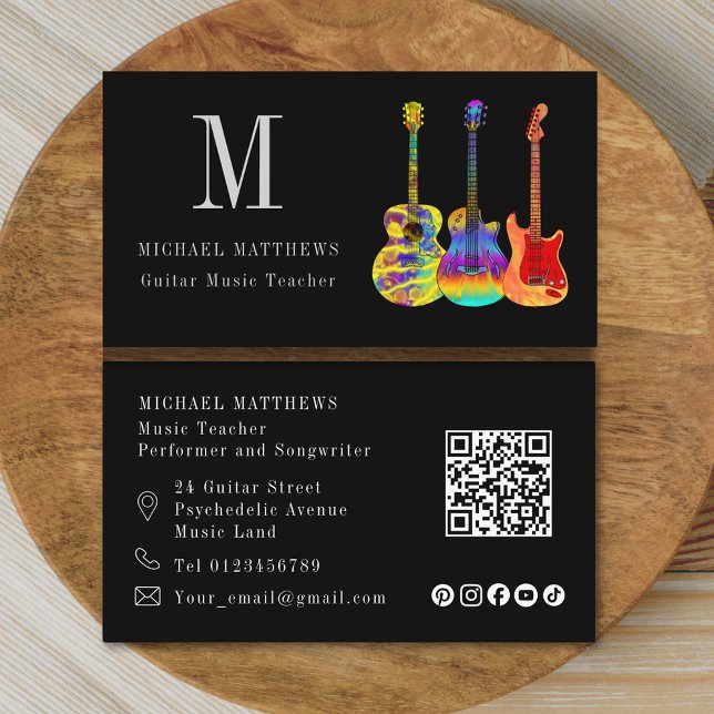 Guitar Music Teacher Custom QR Code Social Media Business Card (Modern guitar tutor custom qr code and social media icons business card)