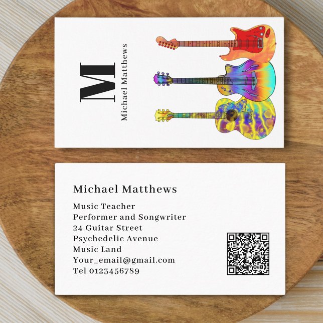 Guitar Music Teacher Musician QR Code Business Card (Modern guitar music teacher professional musician qr code white Business card)
