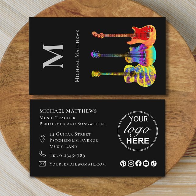 Guitar Music Tutor Custom Logo and Social Media Business Card (Modern guitar music teacher professional musician logo social media Business card colorful guitars)