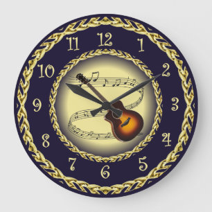Guitar ~ Musical Scroll ~ Gold/Navy Blue ~   Large Clock