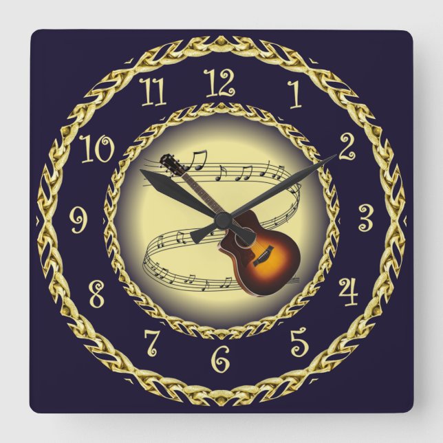 Guitar ~ Musical Scroll ~ Gold/Navy Blue ~  Square Wall Clock (Front)