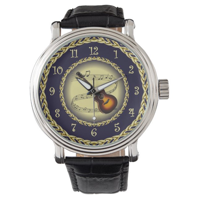 Guitar ~ Musical Scroll ~ Gold/Navy Blue ~ Watch (Front)