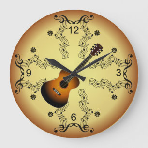 Guitar ~ Musical Scroll ~ Golden Background ~ Large Clock