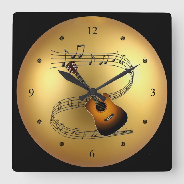 Guitar ~Musical Scroll ~Golden Globe Background ~ Square Wall Clock (Front)