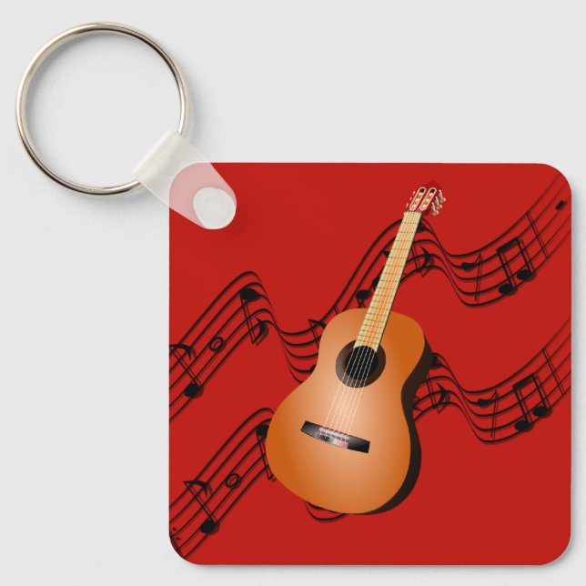 Guitar on bright red background keychain (Front)