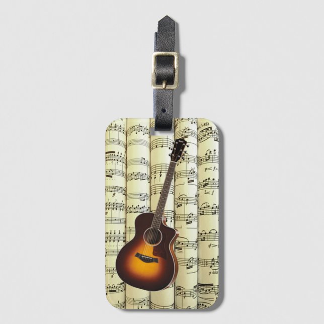 Guitar On Rolled Sheet Music ~ Luggage Tag (Front Vertical)