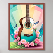 guitar painting acoustic colourful rose flower pin
