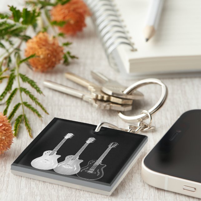 Guitar pattern black and white personalized keychain (Front Right)