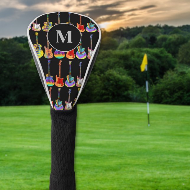 Guitar Personalized Golf Head Cover (Colorful guitar pattern monogram black golf head cover for guitarist musicians )