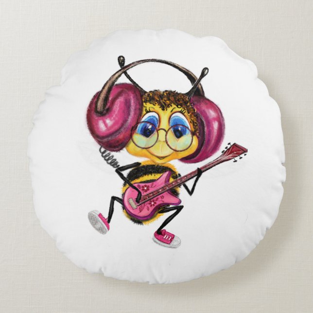 Guitar Player Bee Round Pillow (Front)