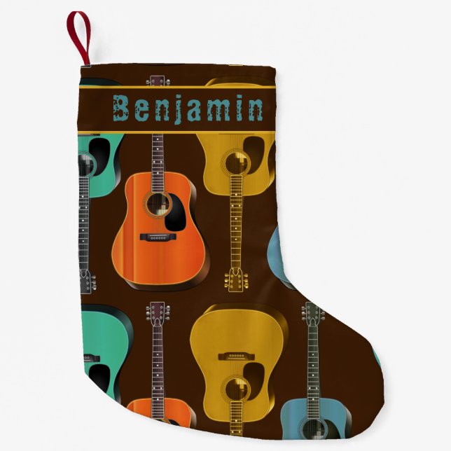 Guitar Player Double Sided Name Teen Boys Small Christmas Stocking (Front)