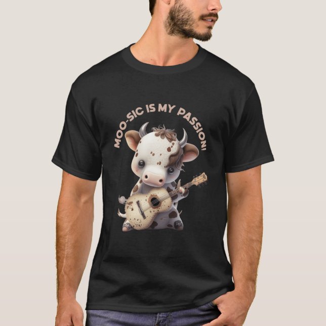 Guitar Playing Cow Kawaii Music Guitarist T-Shirt (Front)