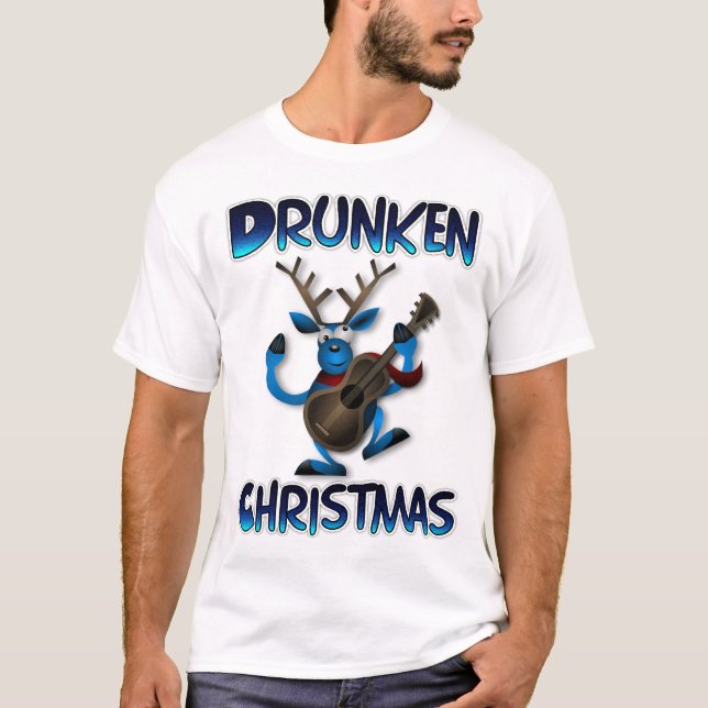 Guitar Playing Drunken Reindeer Ugly Christmas T-Shirt (Front)
