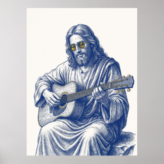Guitar Playing Jesus Engraving Style Art Poster