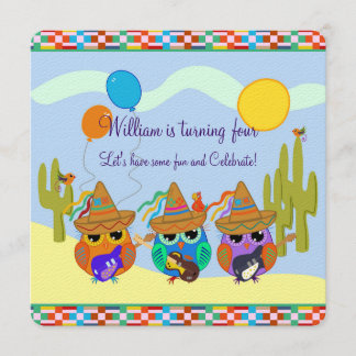 Guitar playing Sombrero Owls custom invitation