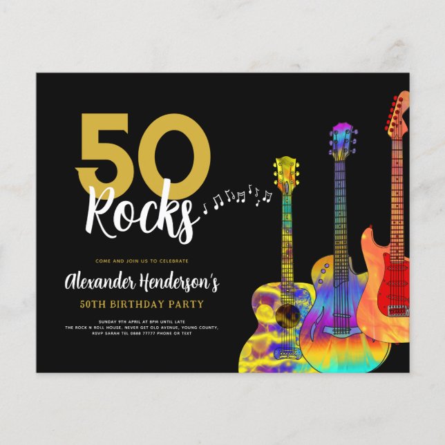guitar rock 50th birthday party invitation  flyer (Front)