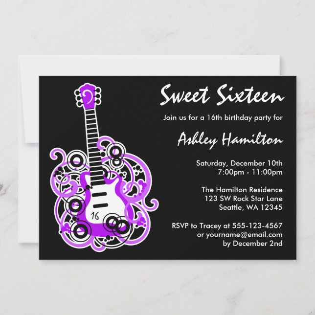 Guitar Rock Star Sweet 16 Birthday Party Purple Invitation (Front)