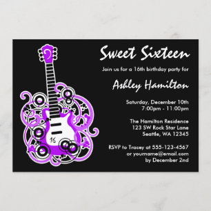 Guitar Rock Star Sweet 16 Birthday Party Purple Invitation