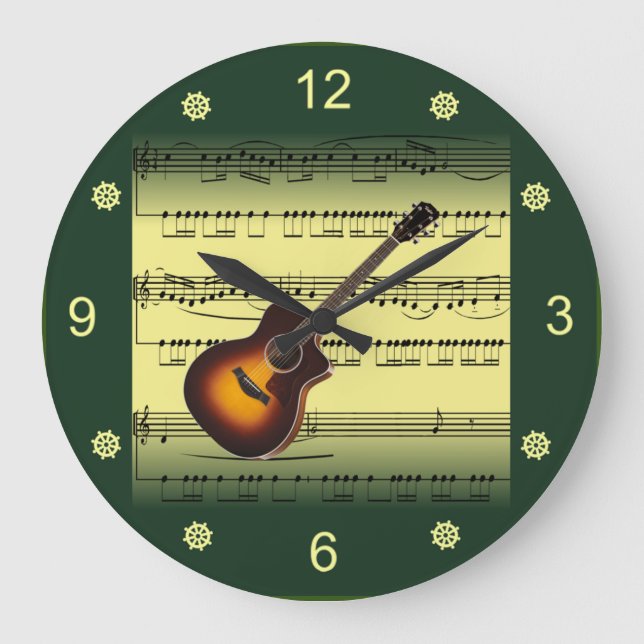 Guitar~Rolled Sheet Music~Gold/Green Background~   Large Clock (Front)