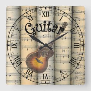 Guitar ~ Rolled Vintage Sheet Music ~ Unique ~ Square Wall Clock