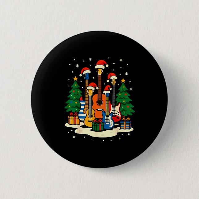 Guitar Santa Hat Christmas Tree Light Funny Music  2 Inch Round Button (Front)