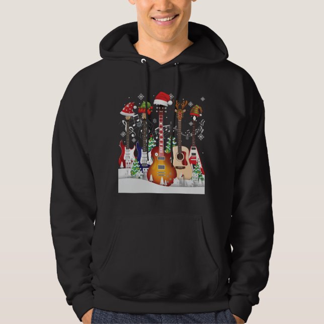Guitar Santa Hat Elf Christmas Tree Musician Sweat Hoodie (Front)