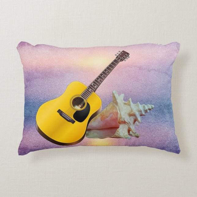 Guitar & Seashell Purple Beach Sunset Accent Pillow (Front)