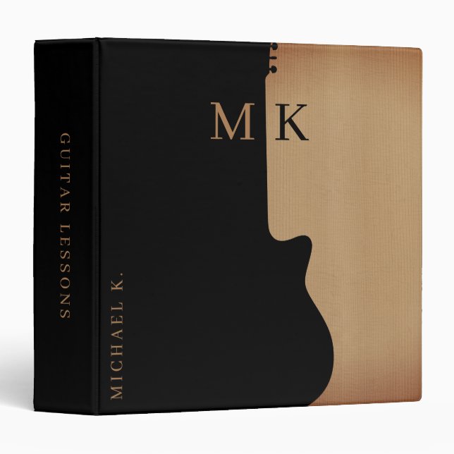 Guitar Silhouette Tan Wood Name Monogram  Binder (Front/Spine)