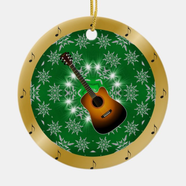 Guitar ~ Silver ~ Green ~ Gold ~ Christmas ~ Ceramic Ornament (Front)
