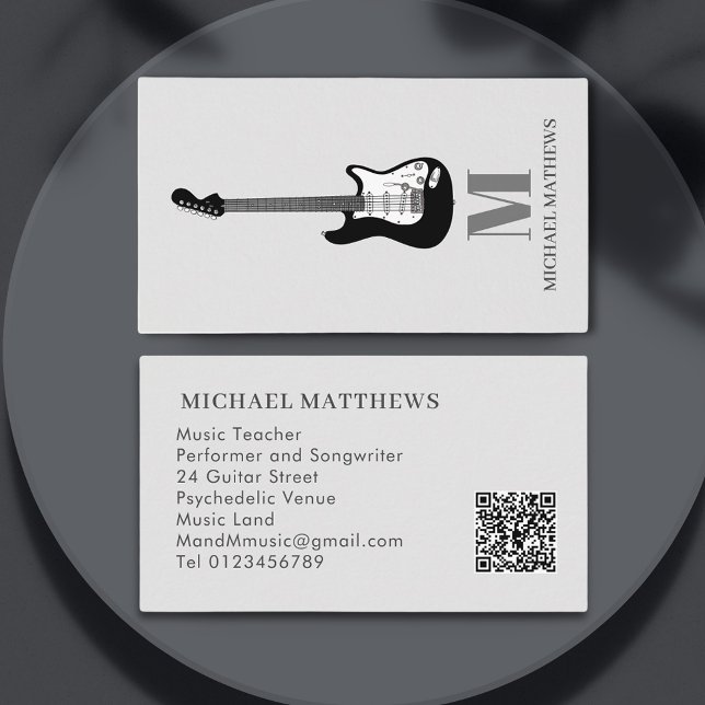 Guitar Songwriter Musician Custom Q R Code Business Card (Professional Music teacher performer songwriter black and white guitar gray qr code business card)