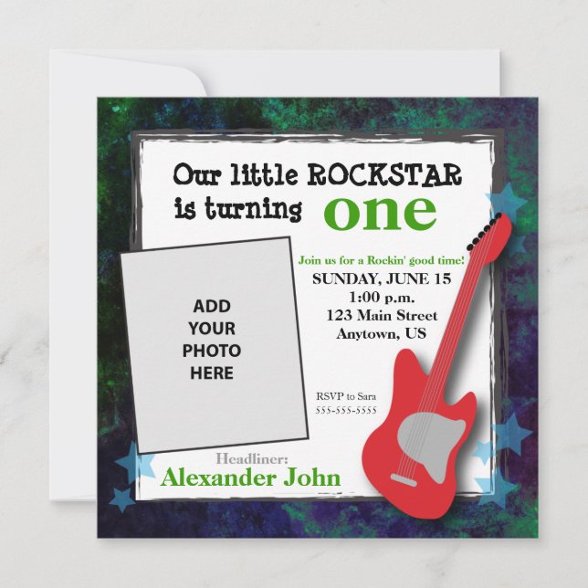 Guitar & Stars Boy's Rockstar Birthday Invitation (Front)