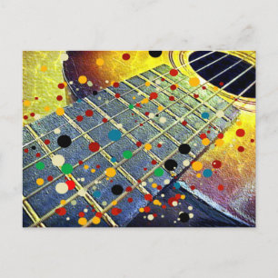 Guitar strings music mustard colourful vintage  postcard