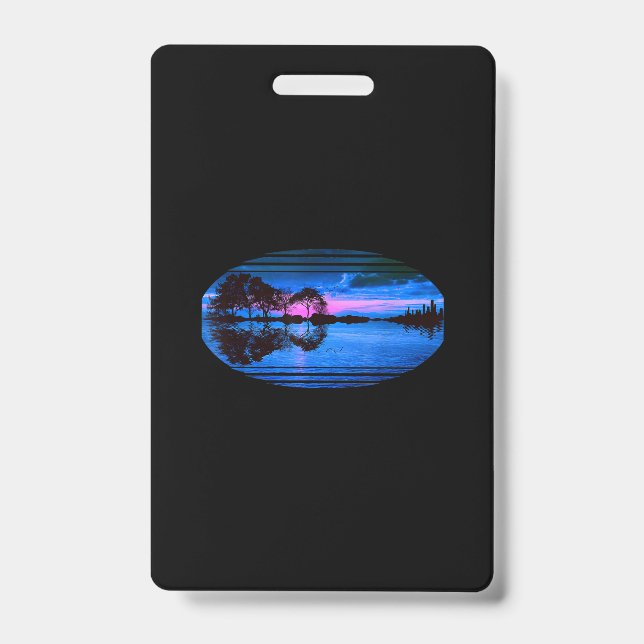 Guitar Sunset Sky Trees City Lake Reflection Badge (Front)