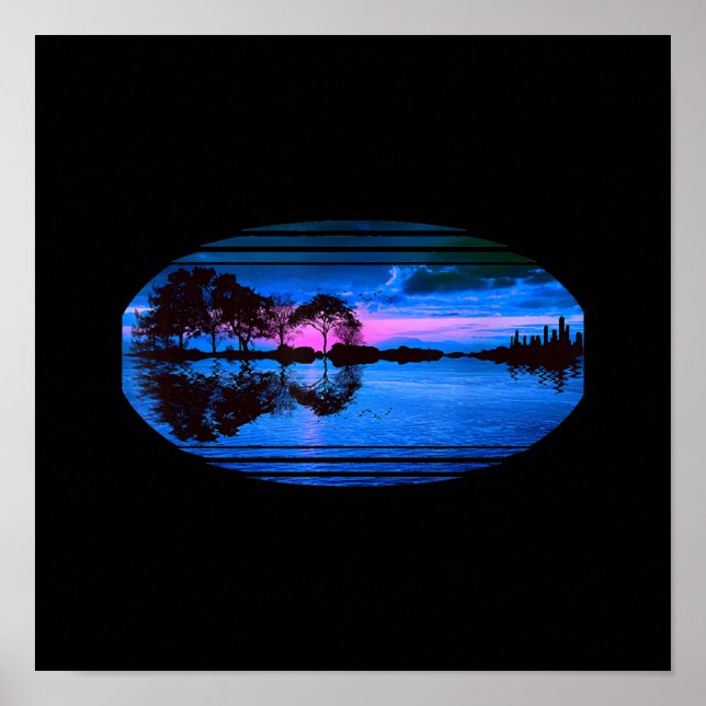Guitar Sunset Sky Trees City Lake Reflection Poster (Front)