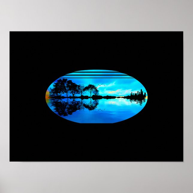 Guitar Sunset Sky Trees City Lake Reflection Poster (Front)